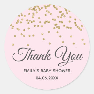 Cute Blush Pink Gold Glitter Dank u Baby shower Ronde Sticker