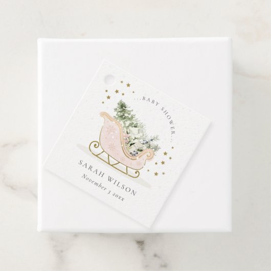 Cute Blush Pink Gold Winter Sleigh Baby shower Bedankjes Labels (In situ)