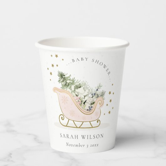 Cute Blush Pink Gold Winter Sleigh Baby shower Papieren Bekers (Voorkant)