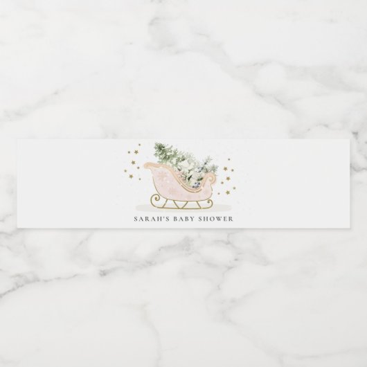 Cute Blush Pink Gold Winter Sleigh Baby shower Waterfles Etiket (Enkel label)