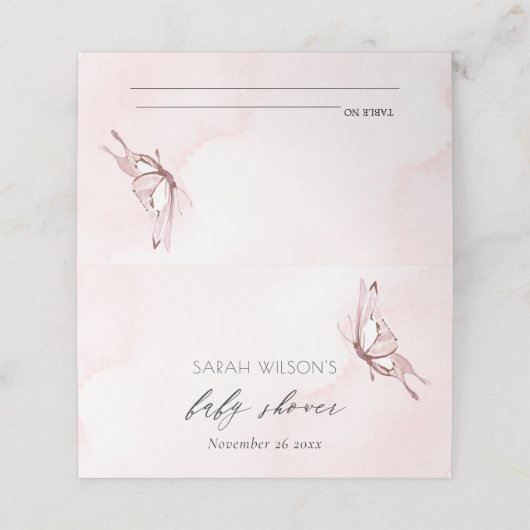 Cute Blush Pink Waterverf Butterfly Baby shower Plaatskaartje (Buitenkant ongevouwen)