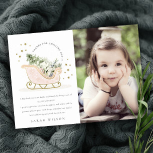 Cute Blush Pink Winter Sleigh Birthday Bedankkaart