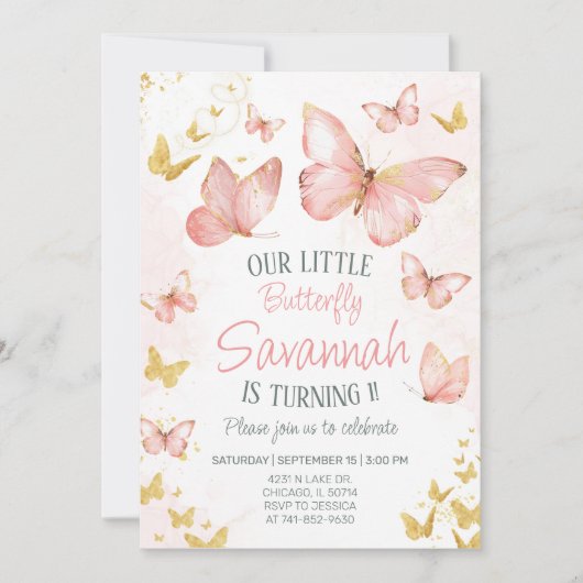 Cute Blush Roze Vlinders 1e Verjaardagsfeestje Kaart (Voorkant)