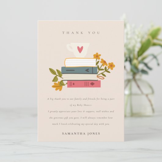 Cute Blush Stapelde Storybooks Floral Baby shower Bedankkaart (Staand voorkant)