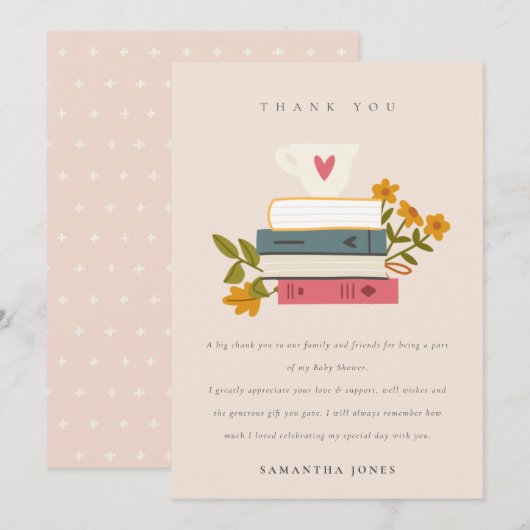 Cute Blush Stapelde Storybooks Floral Baby shower Bedankkaart (Voorkant / Achterkant)
