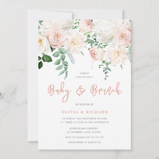 Cute Blush & White Floral Baby shower Brunch Kaart (Voorkant)