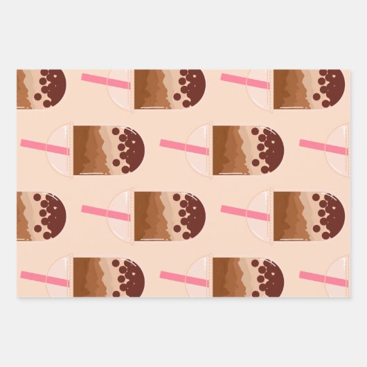 Cute Boba Bubble Tea Art Brown Pink Blush Inpakpapier Vel (Voorkant 3)
