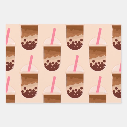 Cute Boba Bubble Tea Art Brown Pink Blush Inpakpapier Vel (Voorkant 2)