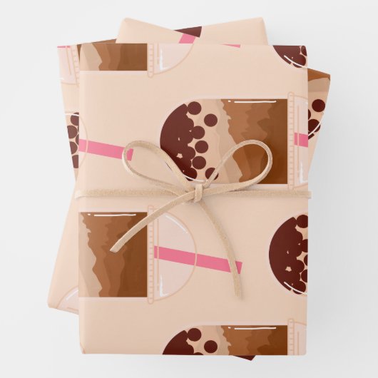 Cute Boba Bubble Tea Art Brown Pink Blush Inpakpapier Vel (In situ)