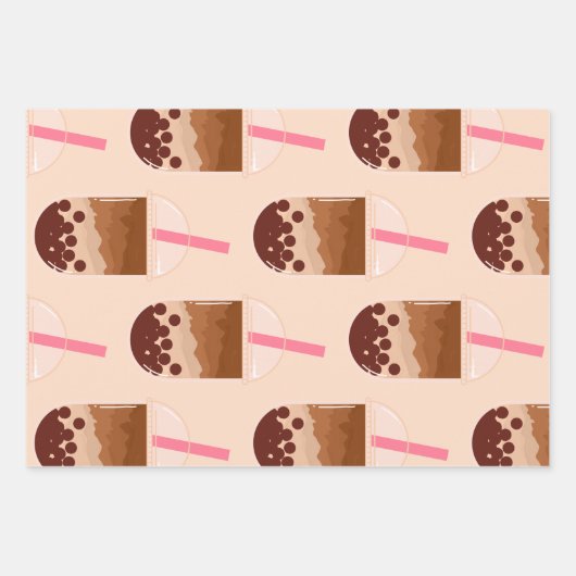 Cute Boba Bubble Tea Art Brown Pink Blush Inpakpapier Vel (Voorkant)