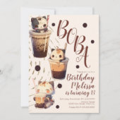 Cute Boba Cat Cartoon Birthday Party Kaart (Voorkant)