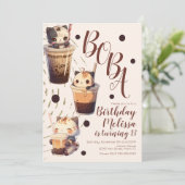 Cute Boba Cat Cartoon Birthday Party Kaart (Staand voorkant)