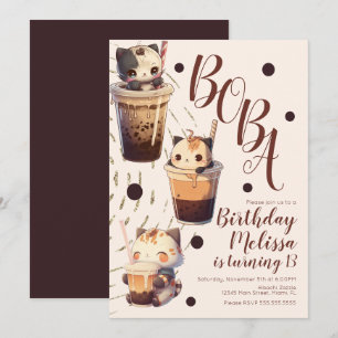 Cute Boba Cat Cartoon Birthday Party Kaart