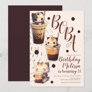 Cute Boba Cat Cartoon Birthday Party Kaart