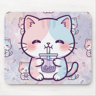 Cute Boba Tea Kitten Mousepad - Aesthetic Pastel  Muismat