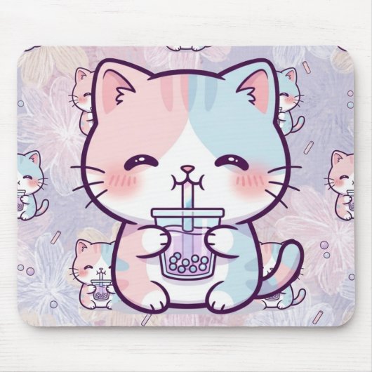 Cute Boba Tea Kitten Mousepad - Aesthetic Pastel  Muismat (Voorkant)