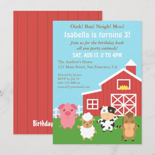 Cute Boerderij Barnyard Animal Birthday Party Kaart (Voorkant / Achterkant)