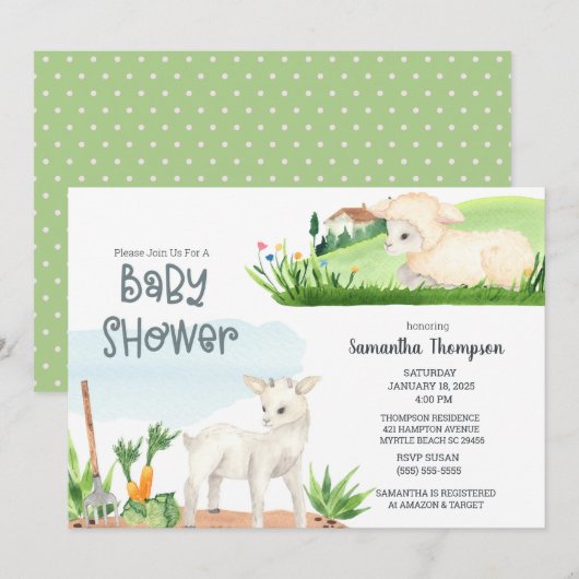 Cute Boerderij Lamb Green Boys Baby shower Invitat Kaart (Voorkant / Achterkant)