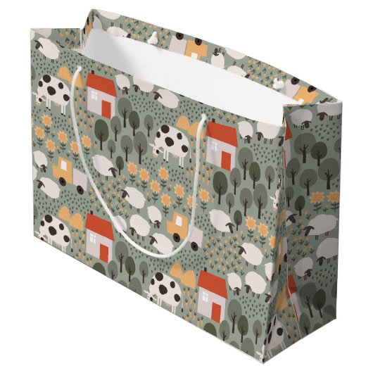 Cute Boerderij Scene Pattern Groot Cadeauzakje (Achterkant Gekanteld)