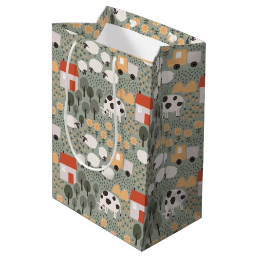 Cute Boerderij Scene Pattern Medium Cadeauzakje (Achterkant Gekanteld)