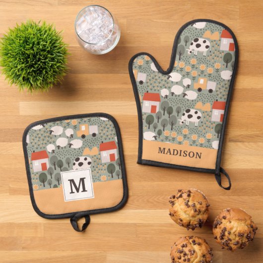 Cute Boerderij Scene Pattern Ovenwant & Pannenlap Set (Top down)