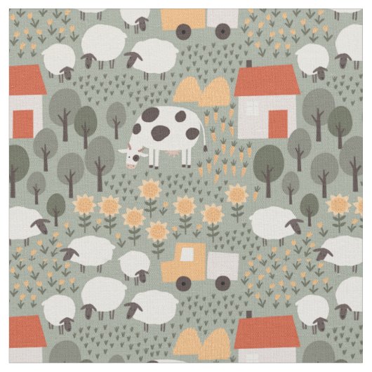 Cute Boerderij Scene Pattern Stof (Close Up)