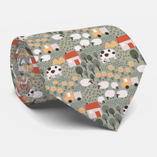 Cute Boerderij Scene Pattern Stropdas (Opgerold)