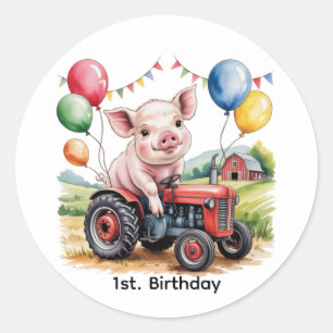 Cute boerderij varken op een tractor 1e verjaardag ronde sticker