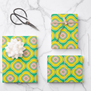 Cute Boho 70s Retro Shapes Pattern Green Yellow Inpakpapier Vel