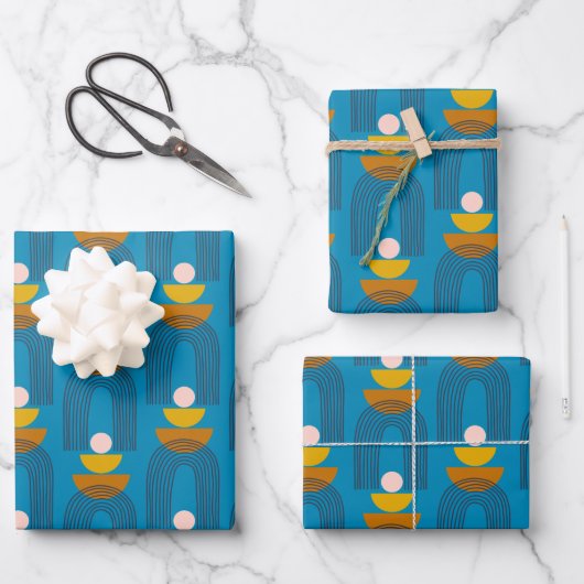 Cute Boho Arch Line Shapes in Blue and Yellow Inpakpapier Vel (Voorkant)