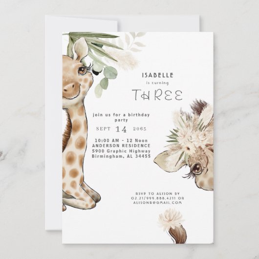 Cute Boho Baby Giraffe Pampas Birthday Party Kaart (Voorkant)