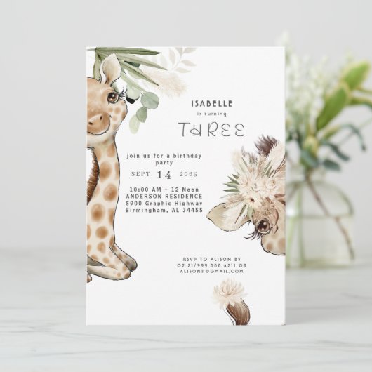 Cute Boho Baby Giraffe Pampas Birthday Party Kaart (Staand voorkant)