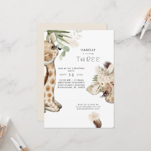 Cute Boho Baby Giraffe Pampas Birthday Party Kaart
