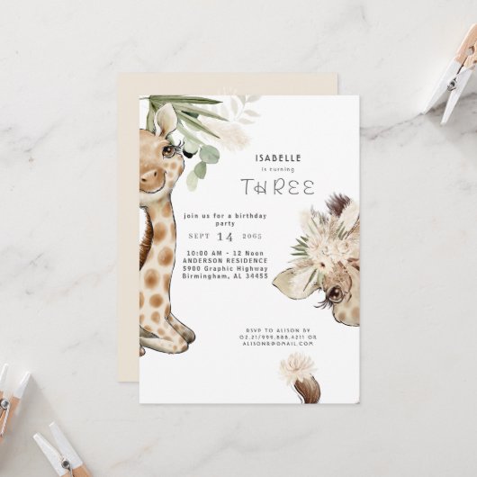Cute Boho Baby Giraffe Pampas Birthday Party Kaart (Voorkant / Achterkant in situ)