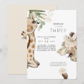 Cute Boho Baby Giraffe Pampas Birthday Party Kaart (Voorkant / Achterkant)