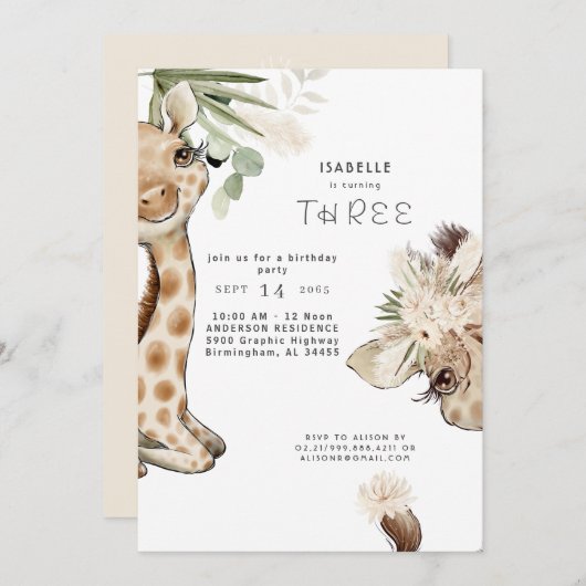 Cute Boho Baby Giraffe Pampas Birthday Party Kaart (Voorkant / Achterkant)