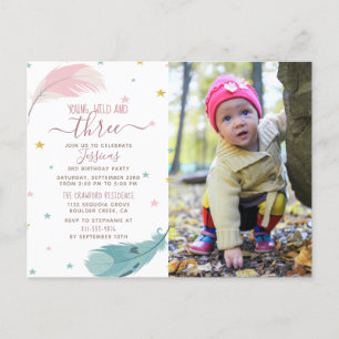 Cute Boho Baby Girl Fotokaart 3e verjaardag Uitnodiging Briefkaart