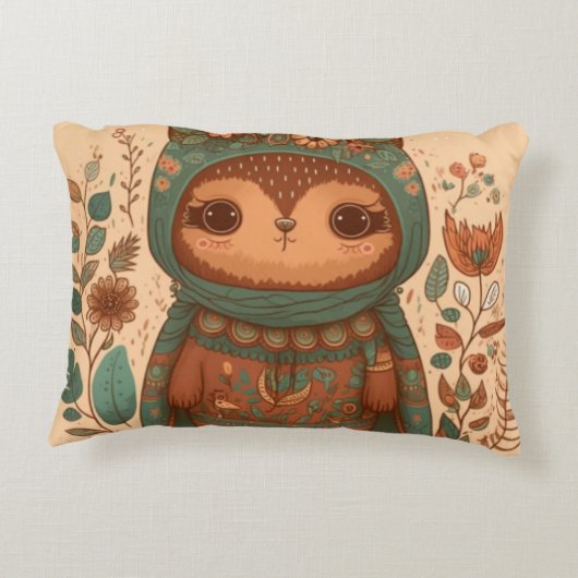 Cute boho bloemige uil accent kussen (Achterkant)