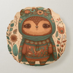Cute boho bloemige uil rond kussen