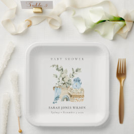 Cute Boho Blue Nursery Foliage Boy Baby shower Papieren Bordje