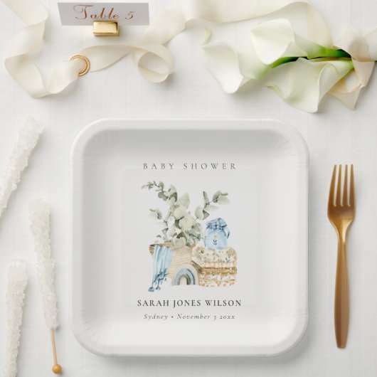 Cute Boho Blue Nursery Foliage Boy Baby shower Papieren Bordje (Huwelijk)
