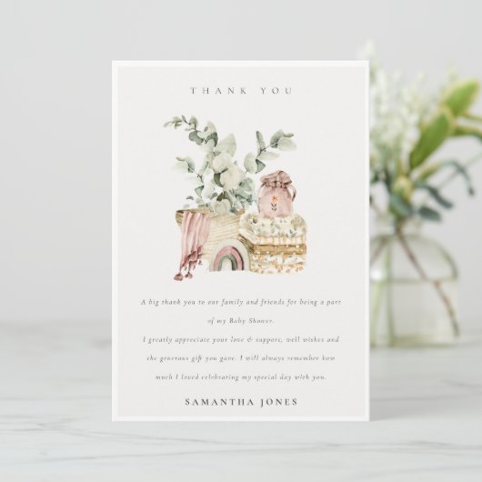 Cute Boho Blush Nursery Foliage Girl Baby shower Bedankkaart (Staand voorkant)
