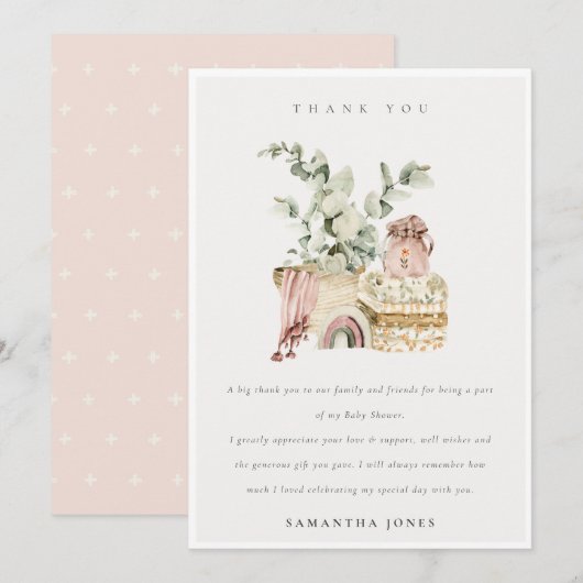 Cute Boho Blush Nursery Foliage Girl Baby shower Bedankkaart (Voorkant / Achterkant)