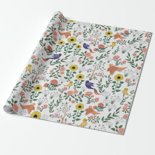 Cute Boho Colorful Birds and Floral Pattern Cadeaupapier