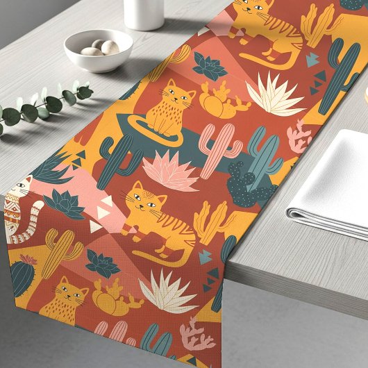 Cute Boho Desert Cats Cactus Succulent Pattern Korte Tafelloper
