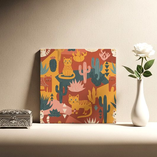 Cute Boho Desert Cats Cactus Succulent Pattern Tegeltje