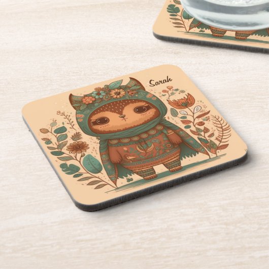 Cute boho floral owl custom bier onderzetter (Linkerzijde)