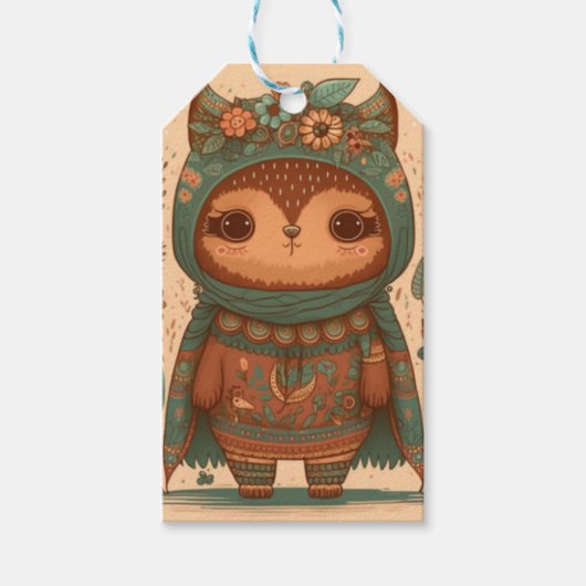 Cute boho floral owl custom cadeaulabel (Voorkant)