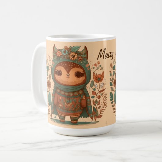 Cute boho floral owl custom koffiemok (Voorkant links)