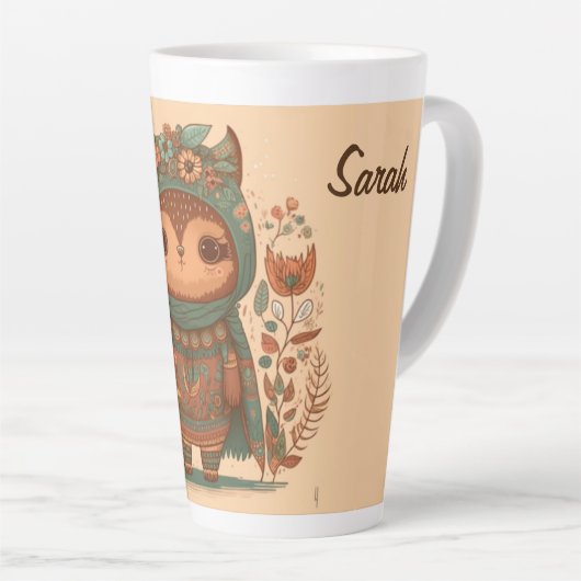Cute boho floral owl custom latte mok (Rechterhoek)